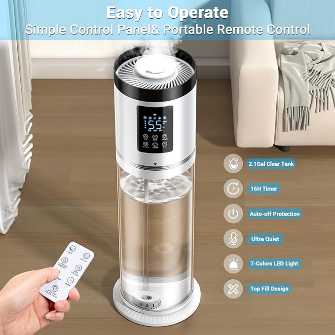 2.1 Gal Humidifiers for Bedroom Large Room, 4 Levels Cool Mist Humidifier with Clear Tank, 7 Color Lights Essential Oil Diffuser with 16H Timer, Top Fill Air Humidifier for Home Plants Office