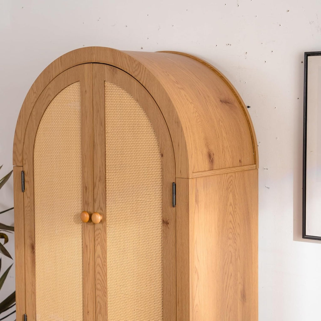 Hassyee Arched Kitchen Pantry Cabinet, Arched Bookcase Rattan Storage Cabinet with Doors Adjustable Shelves, Farmhouse Freestanding Cupboard for Bathroom, Living Room, Dining Room
