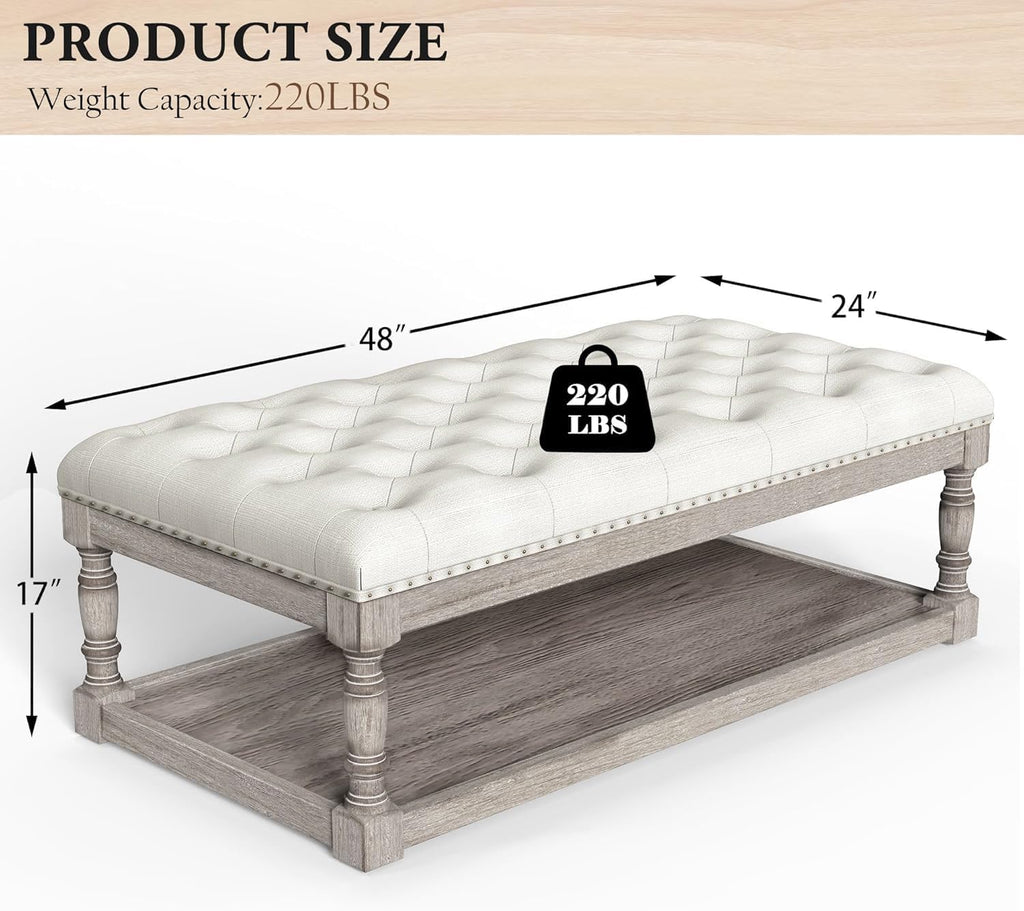 Ottoman Coffee Table, Large Rectangle Ottoman with Storage - Upholstered Cushioned Bench for Living Room, Tufted Linen Fabric with Solid Wood Shelf, Entryway Bench (Beige)