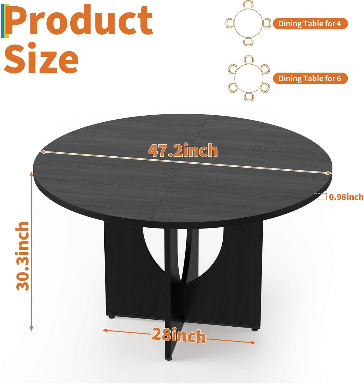 47 Inch Round Dining Table for 4-6, Modern Kitchen Table with Sturdy Wooden Pedestal Base, Dining Room Table, Circle Dining Table for Dining Room, Living Room, Cafe, Easy to Assemble - Black