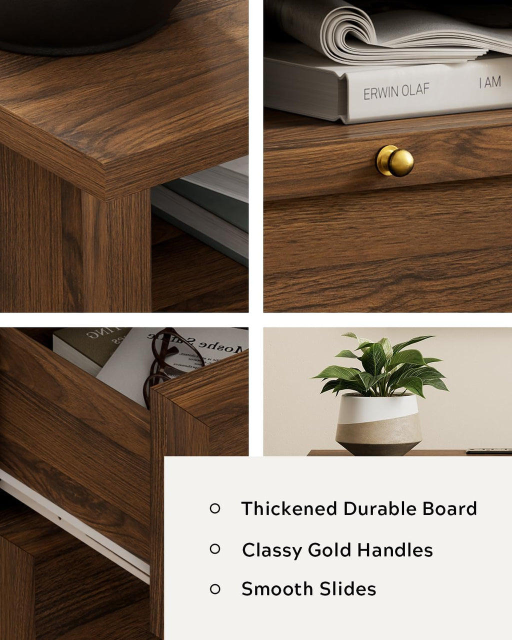 Farmhouse End Table with 2 Drawers Set of 2, Wooden Nightstand with Open Storage Cable Hole Freestanding Wide Bedside Table for Bedroom Living Room Sofa, Brown