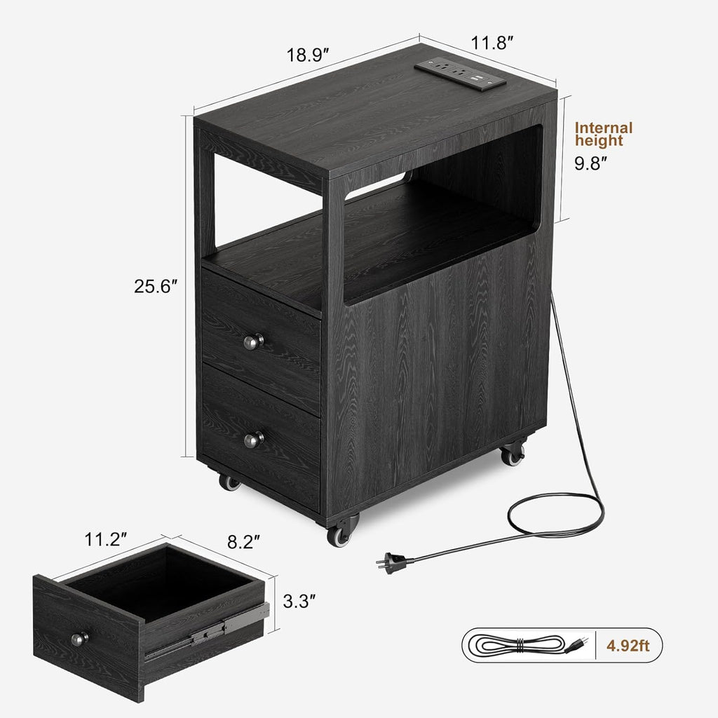 Narrow End Table with Charging Station and Wheels, Movable Narrow Sofa Side Table with USB Ports and Outlets for Small Space, Living Room, Bedroom and Office, Bedside with 4 Wheels (Black)