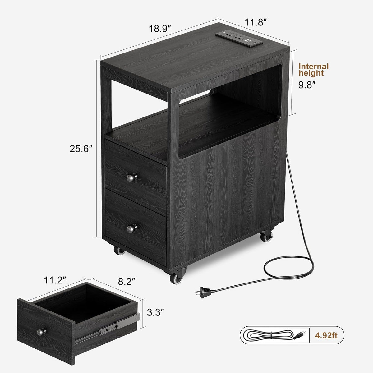 Narrow End Table with Charging Station and Wheels, Movable Narrow Sofa Side Table with USB Ports and Outlets for Small Space, Living Room, Bedroom and Office, Bedside with 4 Wheels (Black)
