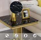 SSLine Square Faux Marble End Table for Living Room Mid-Century Black Marble Side Table with Mirrored Gold Column Frame Luxury End Table with Stainless Steel Pedestal Base