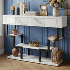 47.3" Console Table with Fluted Drawers, 3-Tier Modern Entryway Table with Geometric Black Metal Frame, Luxury Sofa Table for Living Room, Hallway, Foyer（White Marble Texture
