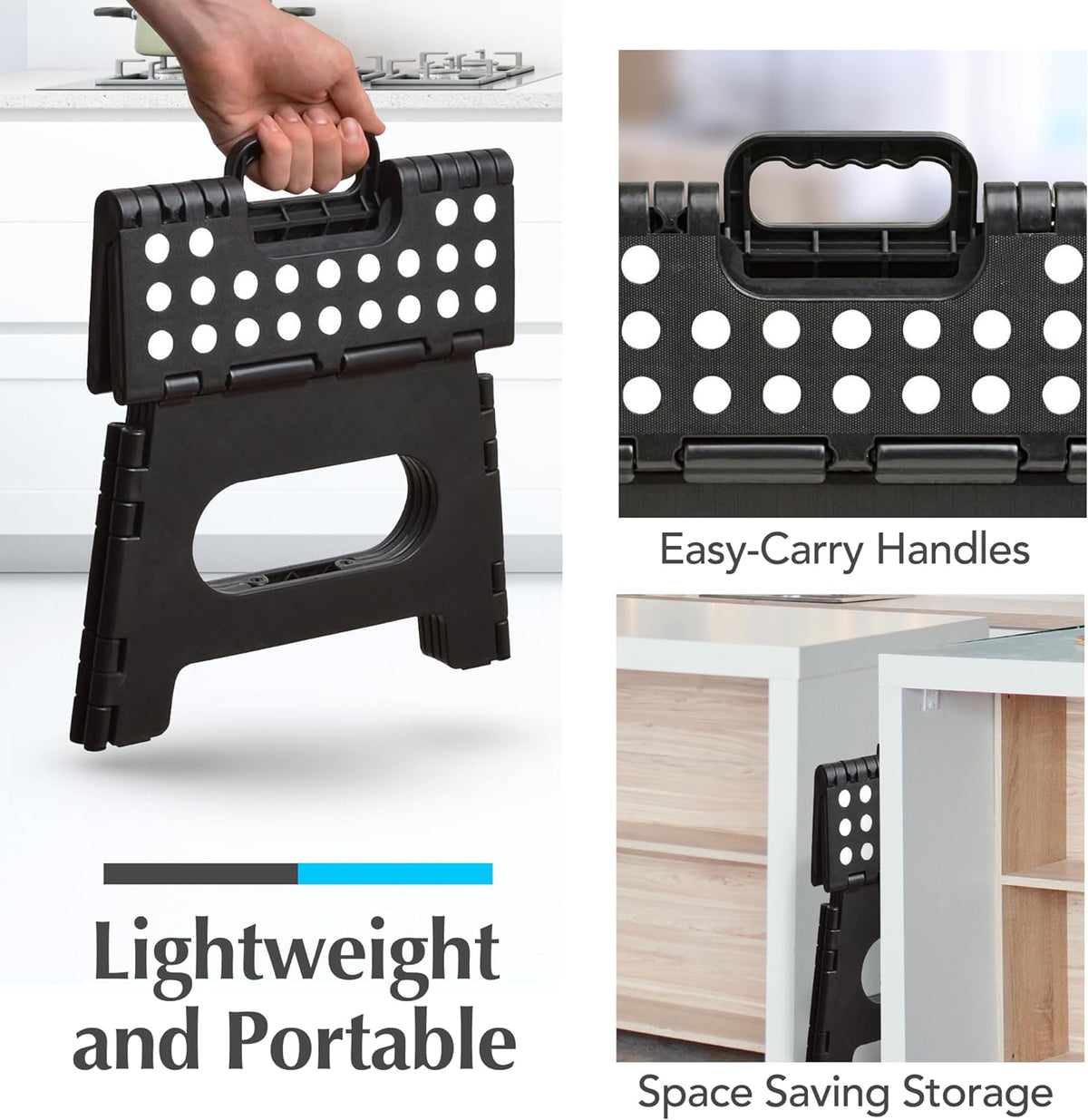 Handy Laundry Folding Step Stool 8 Inch, Black, Non-Slip Holds 300 lbs | 8 Inch, Black, Foldable Collapsible Step Stool, Non-Slip, Holds 300 lbs, Kitchen Bathroom Bedroom, Adults