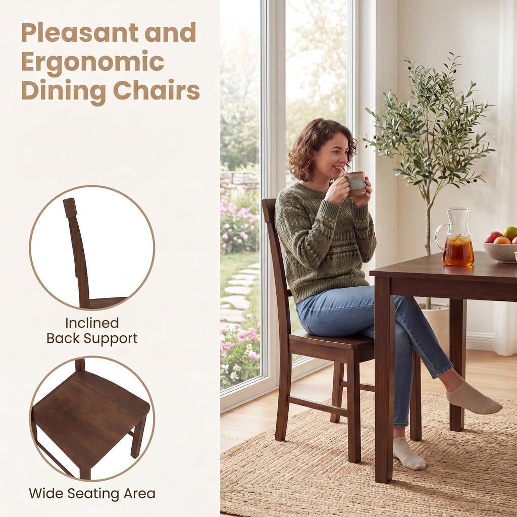 COSTWAY Wood Dining Chairs Set of 4, Solid Rubber Wood Kitchen Side Chair w/Wide Contoured Seat & High Back, Armless Farmhouse Accent Chairs for Kitchen, Living Room, Small Dining Nooks (Dark Brown)