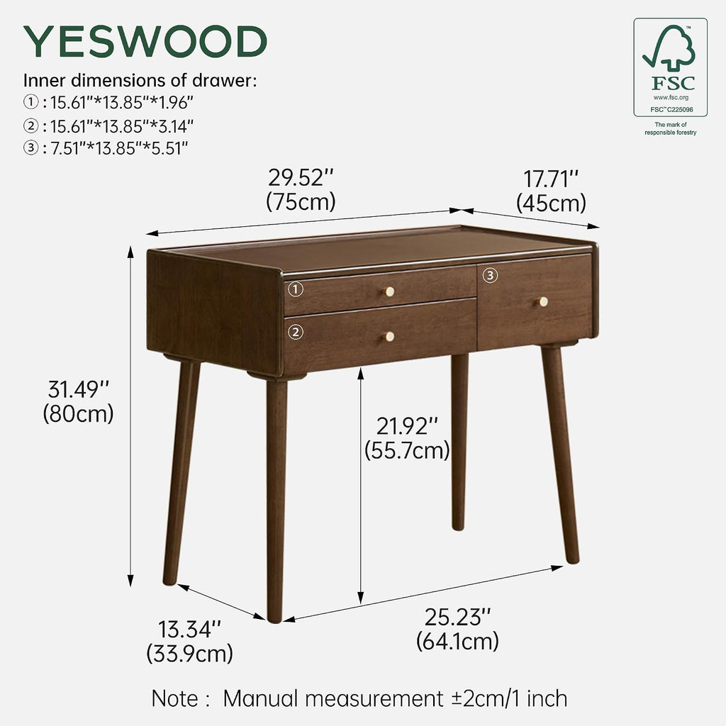 Vanity Desk, Solid Rubberwood Dressing Table, Study Desk and Vanity Table for Bedroom, 18" D x 29" W x 32" H (NO Mirror and NO Stool, only Vanity Desk)