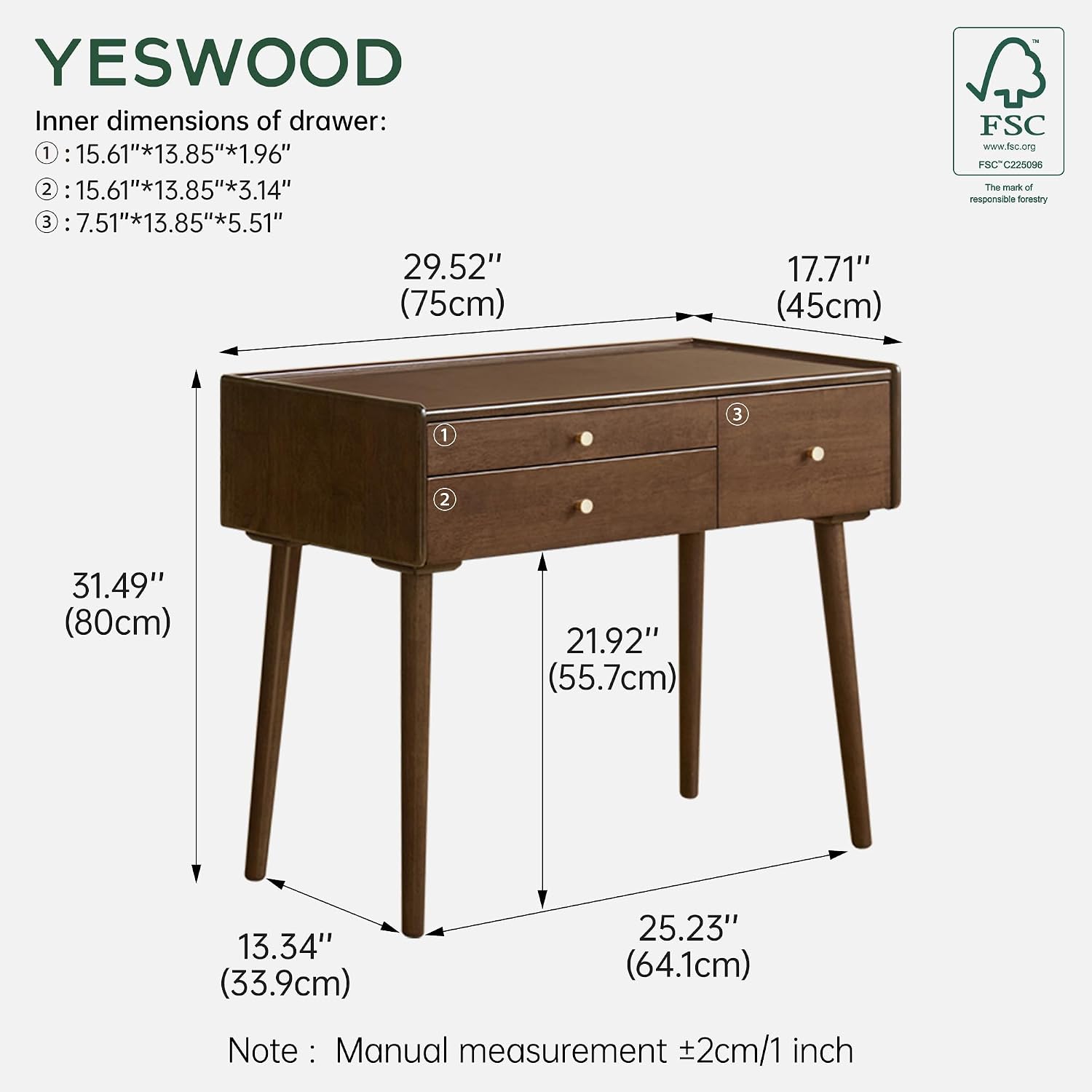 Vanity Desk, Solid Rubberwood Dressing Table, Study Desk and Vanity Table for Bedroom, 18" D x 29" W x 32" H (NO Mirror and NO Stool, only Vanity Desk)