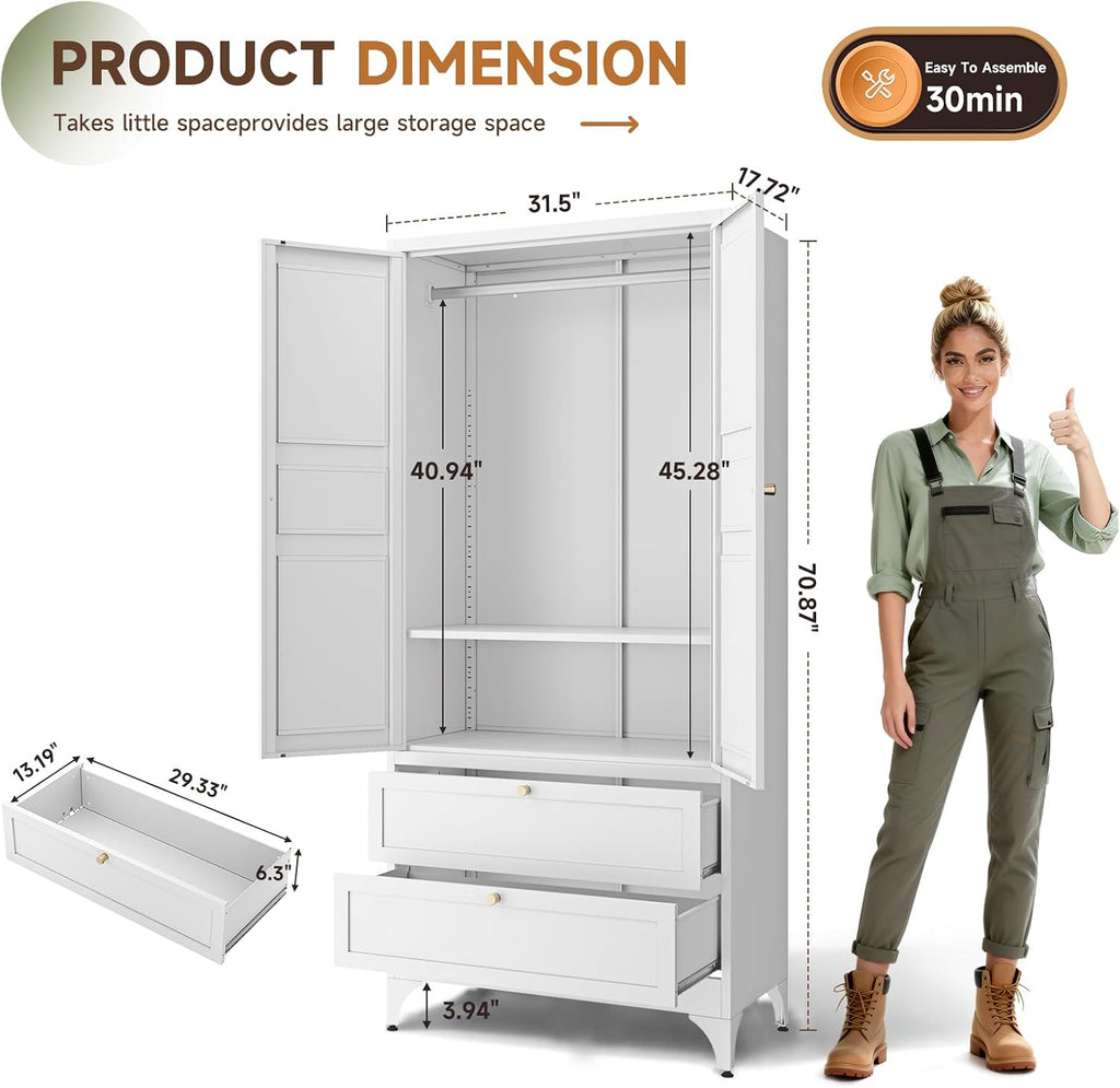Letaya Metal Armoire Wardrobe Closet with Drawers,Clothing Storage Cabinet with Doors and Shelves,Coat Closet with Hanging Rod,Bedroom,Home,Cloak Room,White-71 H x 32" W x 18" D