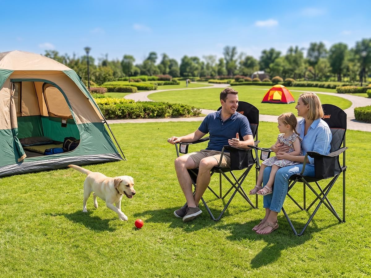 Padded Camping Chair with Sturdy Armrests, Heavy Duty Folding Chair for Adults Supports 350lbs, Portable Outdoor Chair with Reinforced Carry Bag for Camping, Fishing, Lawn & Sports