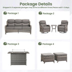 Luxury Patio Furniture Set with 6-inch Thick Cushion, Outdoor Furniture with Fire Pit Table, Swivel Chairs, Sofa, Side Table, Ottomans, 7pcs Wicker Conversation Set (Grey Wicker/Grey Cushion)