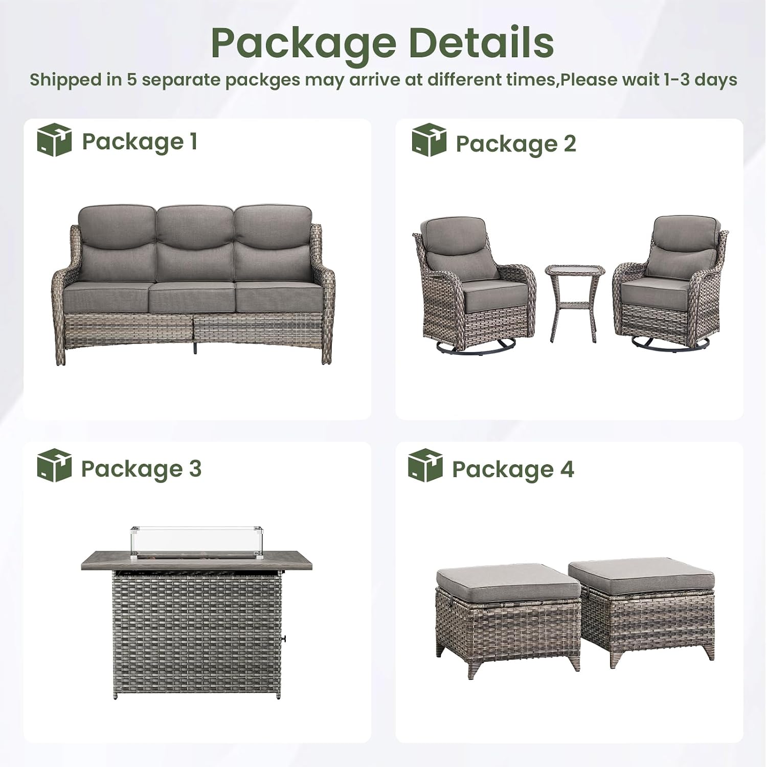 Luxury Patio Furniture Set with 6-inch Thick Cushion, Outdoor Furniture with Fire Pit Table, Swivel Chairs, Sofa, Side Table, Ottomans, 7pcs Wicker Conversation Set (Grey Wicker/Grey Cushion)