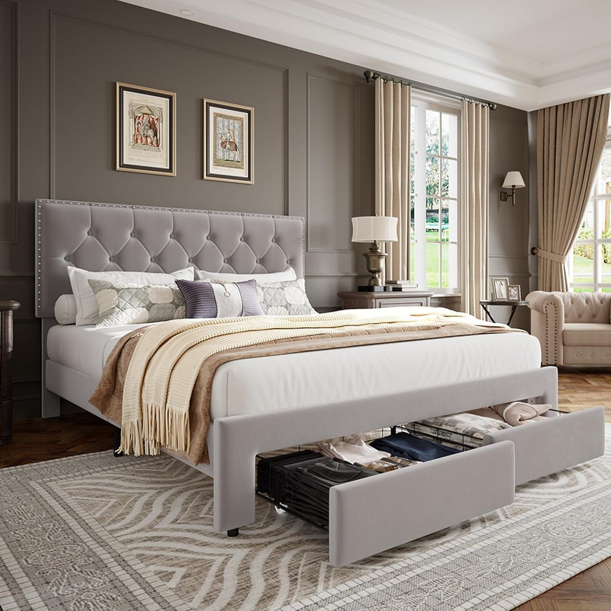 GarveeLife King Size Velvet Upholstered Bed Frame, 2 Storage Drawers with Smooth Casters, Button Tufted Rivets Headboard, Wooden Slat Support, Noise Free & No Box Spring Needed, Beige Bedroom Bed