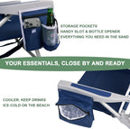 Romswi Extra Wide Beach Chair with Canopy Shade, 2 Pack Aluminum Folding Chairs with Detachable & Adjustable Umbrella, 5-Position Lay Flat, Cooler Bag, Cup & Phone Holder, Towel Bar, Navy Blue