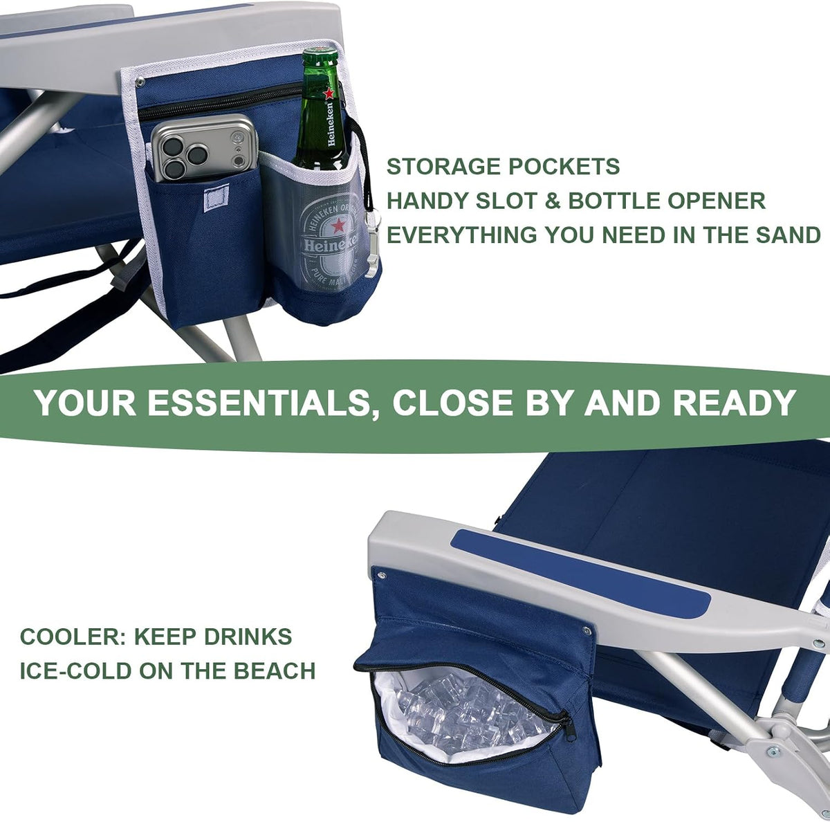 Romswi Extra Wide Beach Chair with Canopy Shade, 1 Pack Aluminum Folding Chairs with Detachable & Adjustable Umbrella, 5-Position Lay Flat, Cooler Bag, Cup & Phone Holder, Towel Bar, Navy Blue