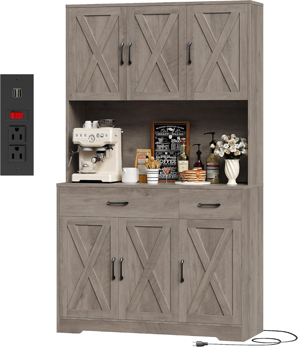 HOSTACK 71" H Kitchen Pantry Storage Cabinet, Farmhouse Hutch Cabinet, Grey | Space-Saving Pantry Cabinet with Charging Station & 2 Large Drawers & Adjustable Shelves, Tall Kitchen Hutch, Dining Room
