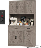 HOSTACK 71" H Kitchen Pantry Storage Cabinet, Farmhouse Hutch Cabinet, Grey | Space-Saving Pantry Cabinet with Charging Station & 2 Large Drawers & Adjustable Shelves, Tall Kitchen Hutch, Dining Room