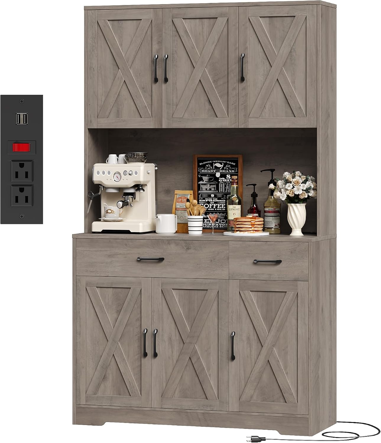 HOSTACK 71" H Kitchen Pantry Storage Cabinet, Farmhouse Hutch Cabinet, Grey | Space-Saving Pantry Cabinet with Charging Station & 2 Large Drawers & Adjustable Shelves, Tall Kitchen Hutch, Dining Room