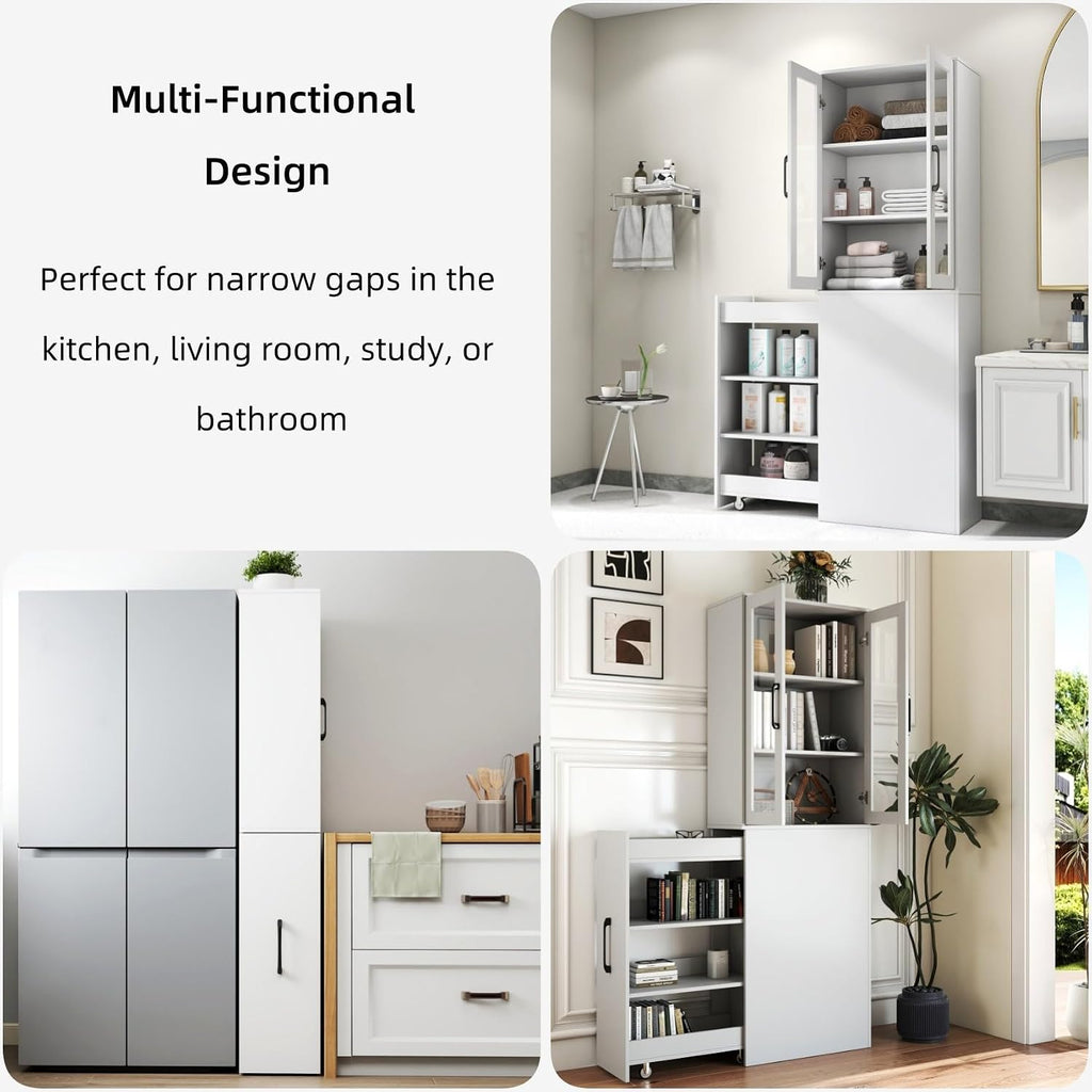 KEIKI 70.87" H Kitchen Pantry Storage Cabinet with Pull-Out Shelf, Glass Doors, Tall Modern Wooden Display Cabinet, Bookshelf, Bookcase, Food Pantries for Dining Room, Living Room Home Office, White