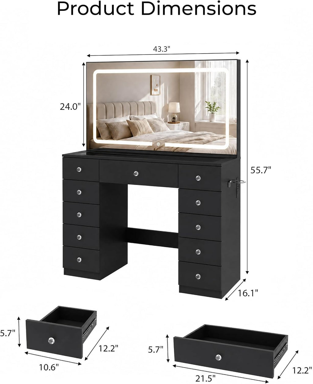 Otterease Black Makeup Vanity with Mirror and Lights,11 Drawers & Glass Top | Large Black Vanity Table with LED Lighted Mirror, Charging Station, Hair Dryer Holder for Bedroom