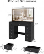 Otterease Black Makeup Vanity with Mirror and Lights,11 Drawers & Glass Top | Large Black Vanity Table with LED Lighted Mirror, Charging Station, Hair Dryer Holder for Bedroom