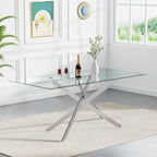 7 Piece Modern Dining Table Set of 6, 61" Tempered Glass Rectangle Dining Tables and 6 Leather Black Dining Chairs, 60 inch Kitchen Tables with Silver Metal Base, Large Dining Table Set
