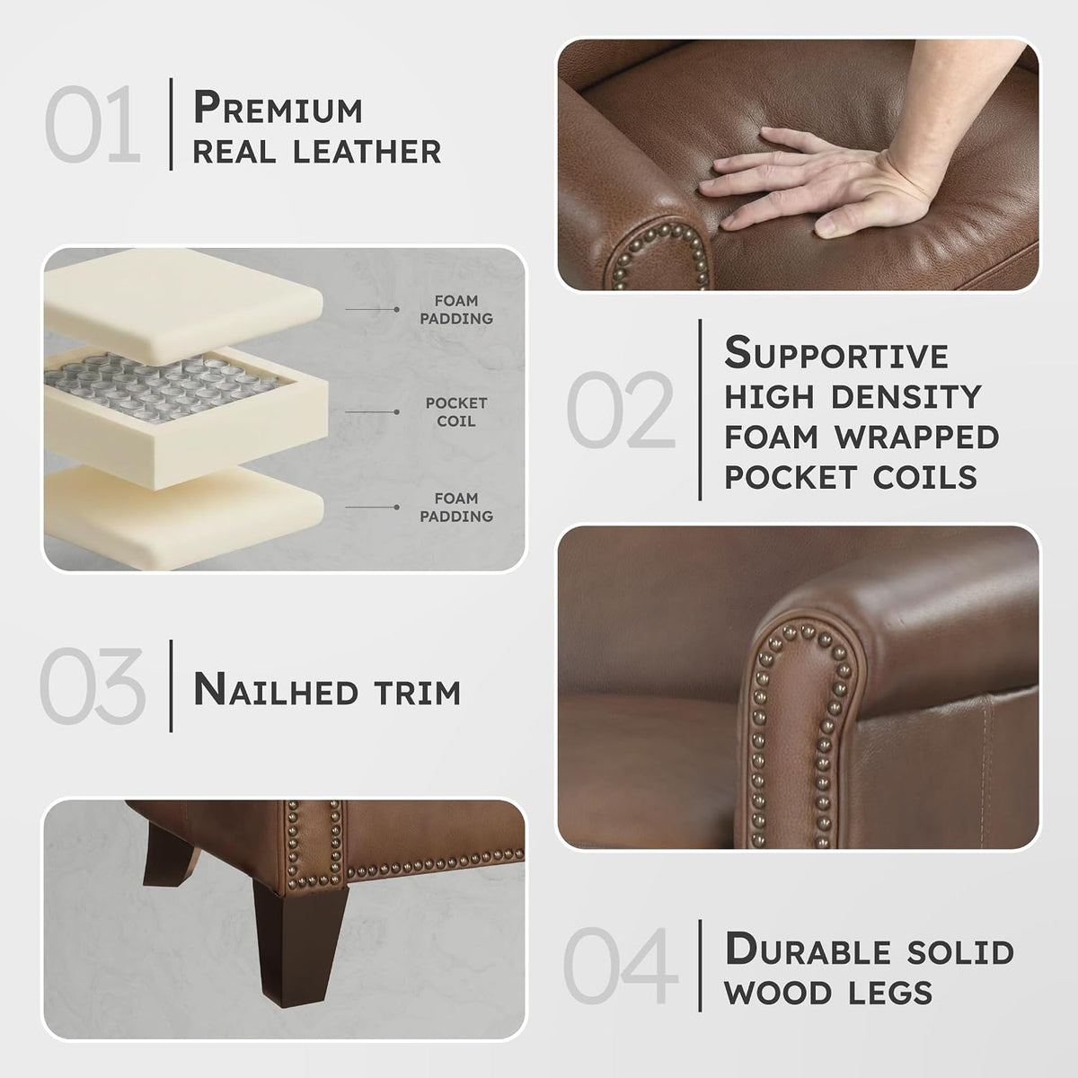 Lexicon Top Grain Genuine Leather Chair, Rolled Armrest, Classic Brown | Living Room Leather Accent Chair, Solid Wood Frame, Nailhead Trim, Comfy Reading Chair for Bedroom, Office