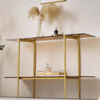 Extra Large Glass Console Table for Living Room, Foyer & Entrance, L47 x W16 x H31, Mid-Century Modern Sofa Table with Amber Glass Top, Walnut Finish Wood Top and Gold Finish Metal Frame