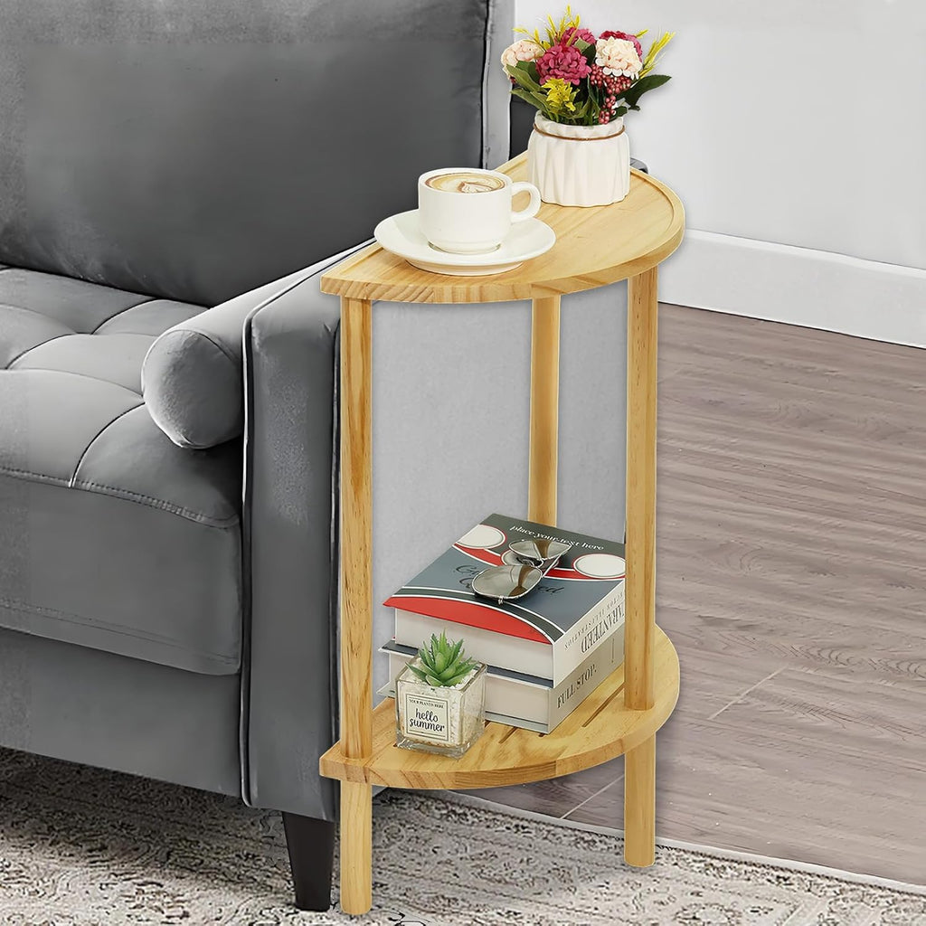 End Table Half Moon Side Tables, 2 Tier Half Round Side Table, Sofa Side Half Round Table with 2-Tier Storage Shelves, Nightstand for Living Room, Bedroom, Small Space, Rustic Brown, Boho Side Table