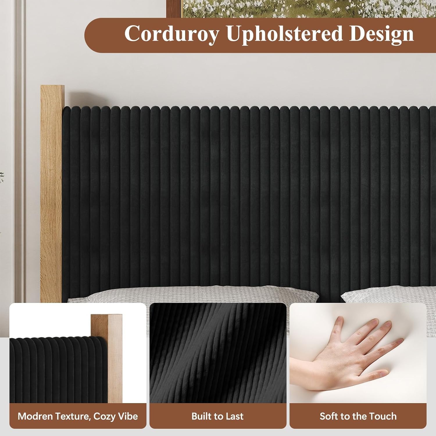 IMMERSTABLE Full Bed Frame with Headboard, Upholstered Platform Bed, Black