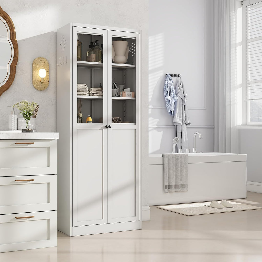 Kitchen Pantry Cabinet, 72" H Storage Cabinet with Glass Doors and Adjustable Shelves, Metal Bathroom Cabinets, Utility Cabinets for Kitchen, Living Room Assembly Required, White