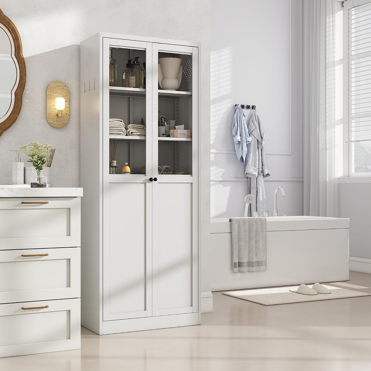 Kitchen Pantry Cabinet, 72" H Storage Cabinet with Glass Doors and Adjustable Shelves, Metal Bathroom Cabinets, Utility Cabinets for Kitchen, Living Room Assembly Required, White