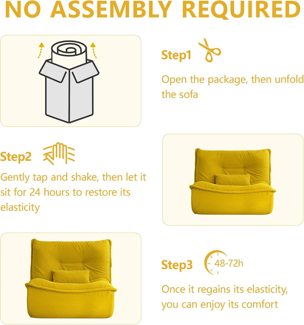 Bean Bag Chair for Adults, Single Lounge Chair with Lumbar Pillow, Comfy Floor Sofa with High-Resilience Foam, Lazy Accent Chair for Living Room, Bedroom, Apartment, Or Reading Corner, Yellow