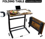 No Assembly Folding TV Tray Table C-Shaped Couch End Table with Cup Holder & Device Slots, Extra Wide Portable Laptop Desk for Eating, Working, Bed, Sofa, Rustic Wood