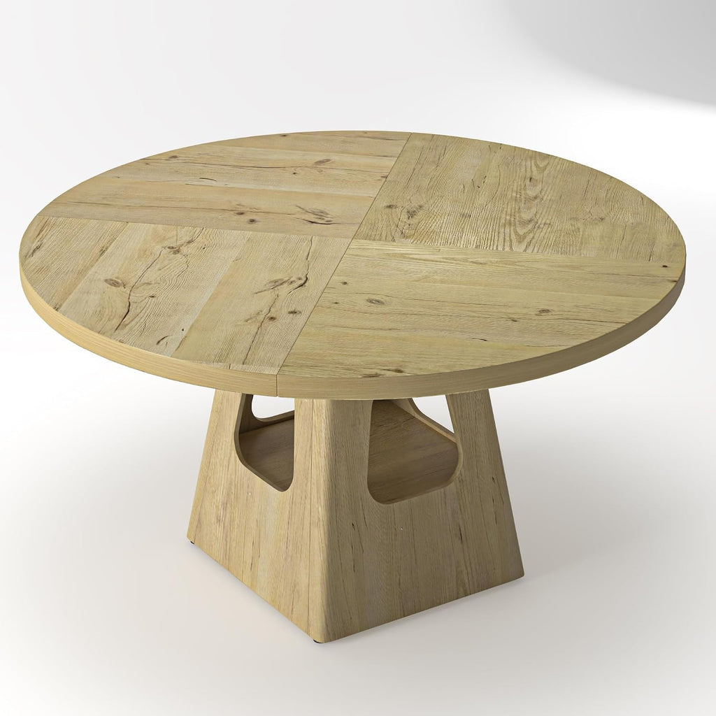 47.24 Inch Round Dining Table for 4-6 Kitchen Dining Table with Storage Shelf Wooden Pedestal Base Space Saving Design for Kitchen Dining Room Apartment Natural Farmhouse Style Only Table