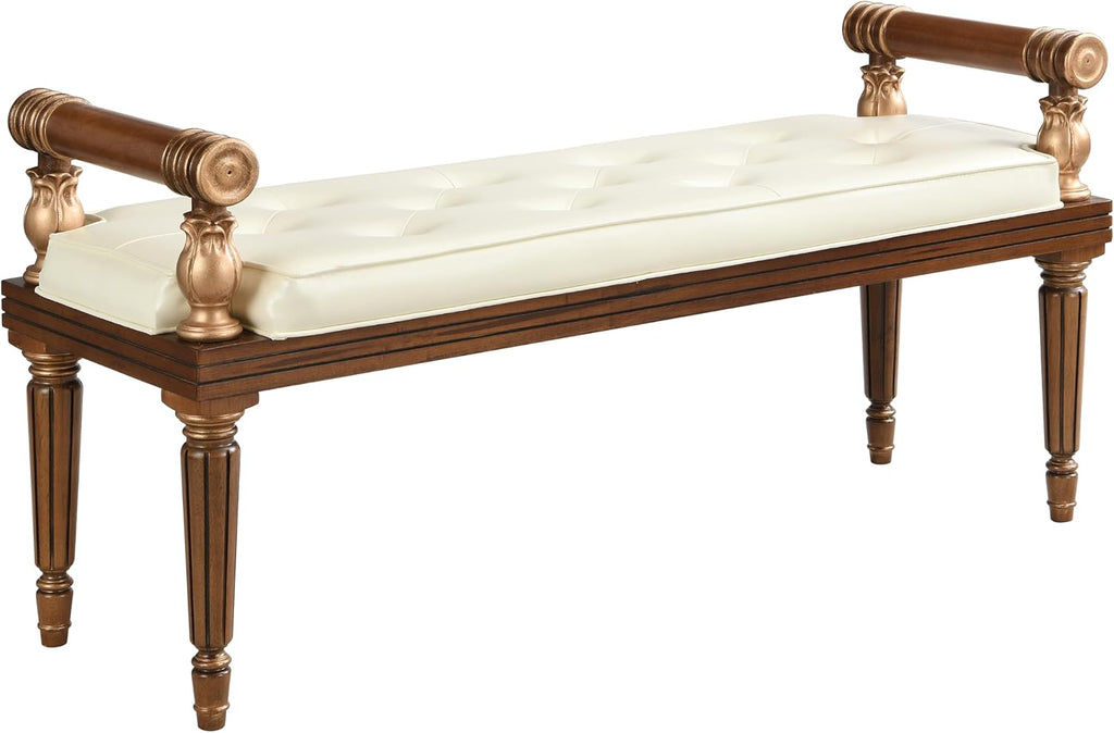 Christopher Knight Home Yae Luxurious PU Leather Upholstered End of Bed Ottoman, Wooden Living Room Ottoman Bench with Fluted Legs/Cylindrical Arm, Long Entryway Bench with Button Tufting, Brown+Beige
