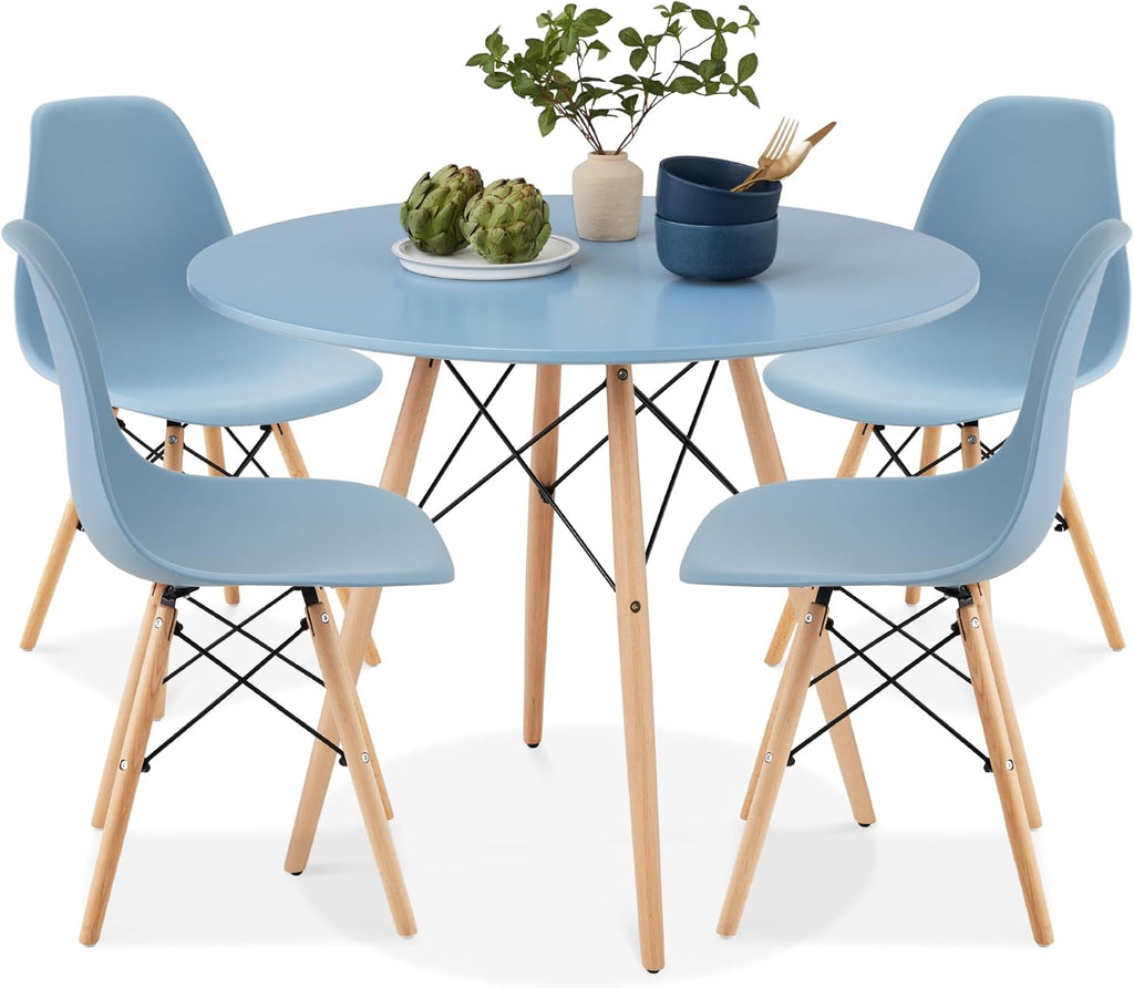 Best Choice Products 5-Piece Dining Set, Compact Mid-Century Modern Table & Chair Set for Home, Apartment w/ 4 Chairs, Plastic Seats, Wooden Legs, Metal Frame - Blue/Oak