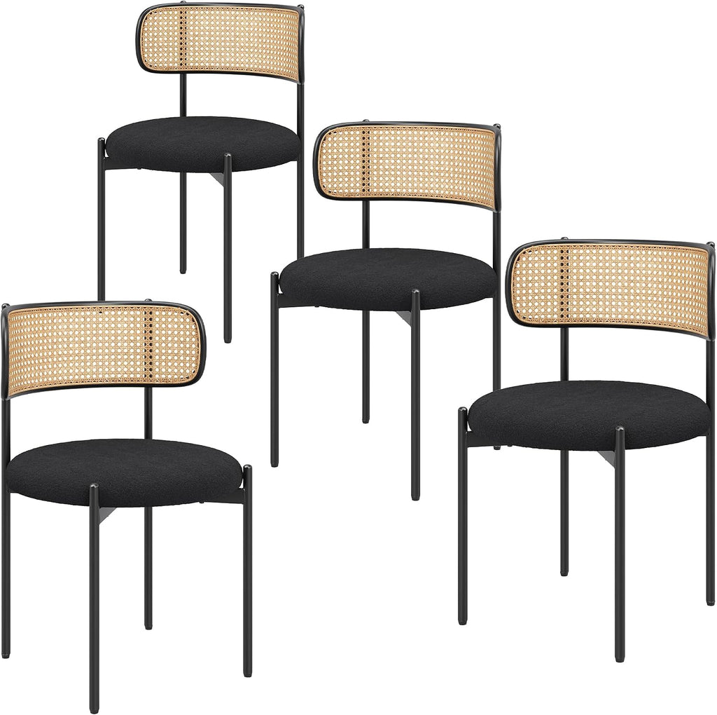 Farini Dining Chairs Set of 4,Mid-Century Modern Kitchen Chair Rattan Backrest Round Upholstered Sherpa Dining Chairs with Metal Legs,Black
