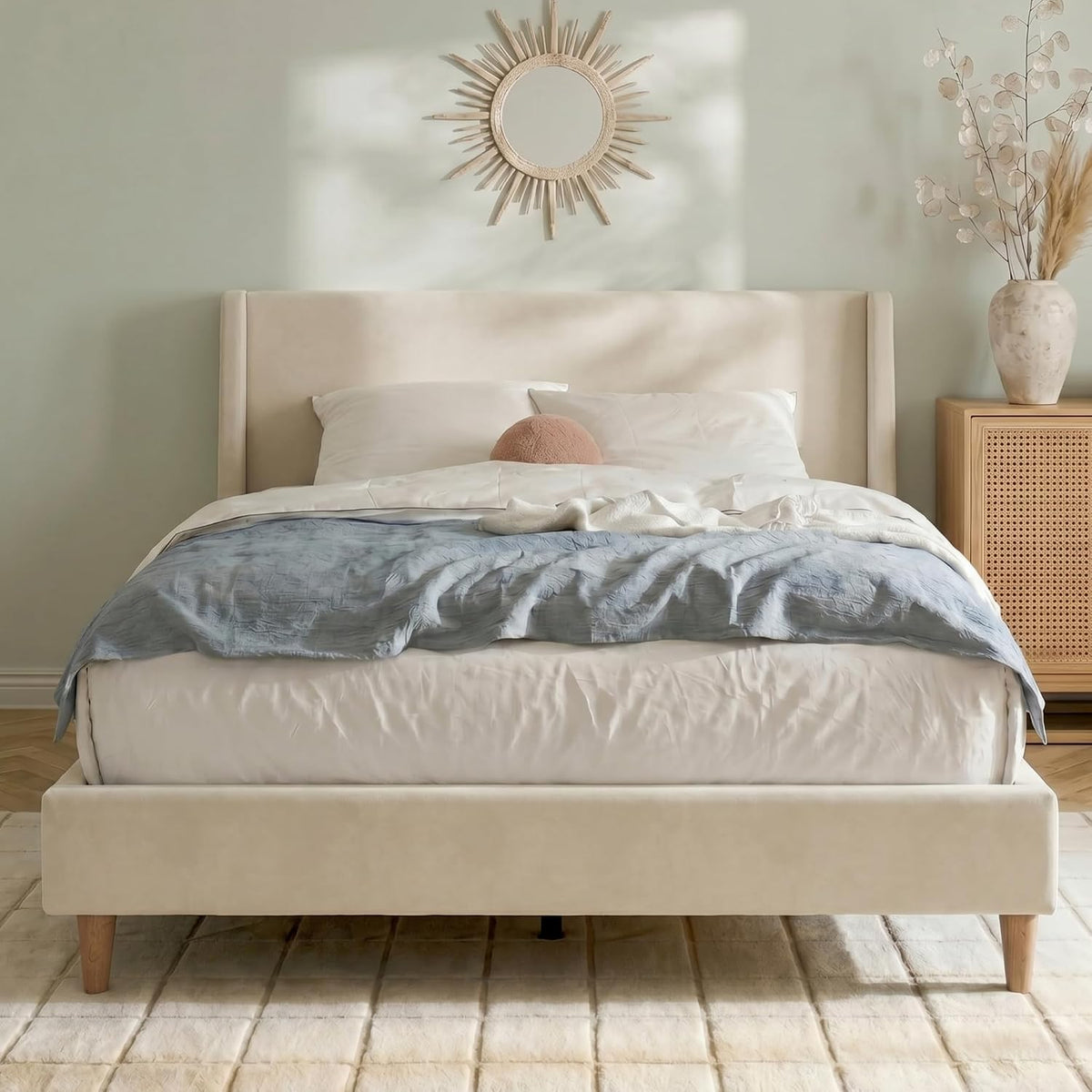 Merax King Size Velvet Bed Frame with Wingback Headboard, Upholstered Platform Bedframe with Solid Wooden Leg, Wood Slats for Bedroom, No Box Spring Needed, Easy Assembly, Modern Luxury Style, Beige