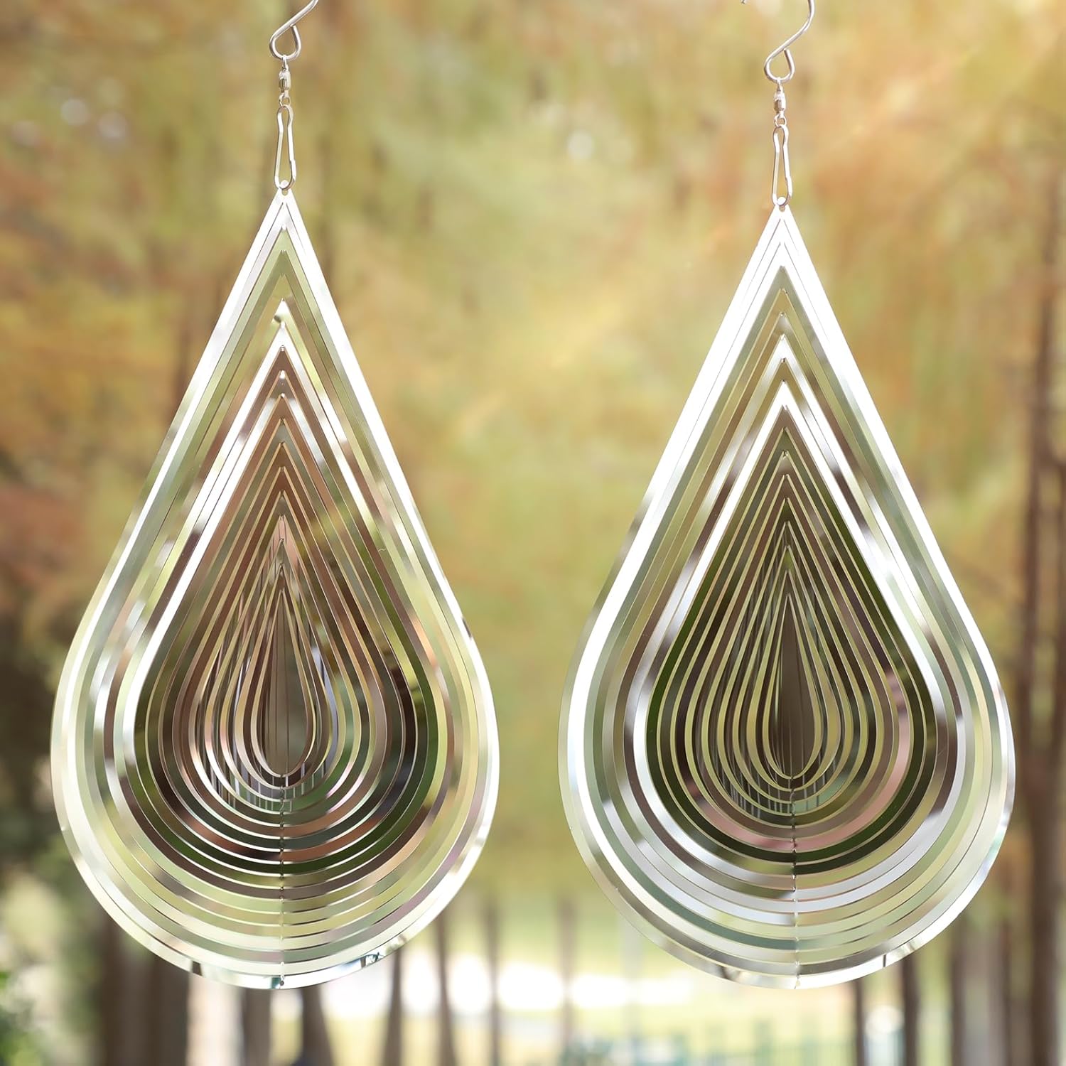Wind Spinner Flowing-Light Effect Courtyard Decorations Made of Stainless Steel House Hanging Decoration 12“x 8“ Spinners with a 360° Rotating Hook (2 pcs Water Drop-Silver)