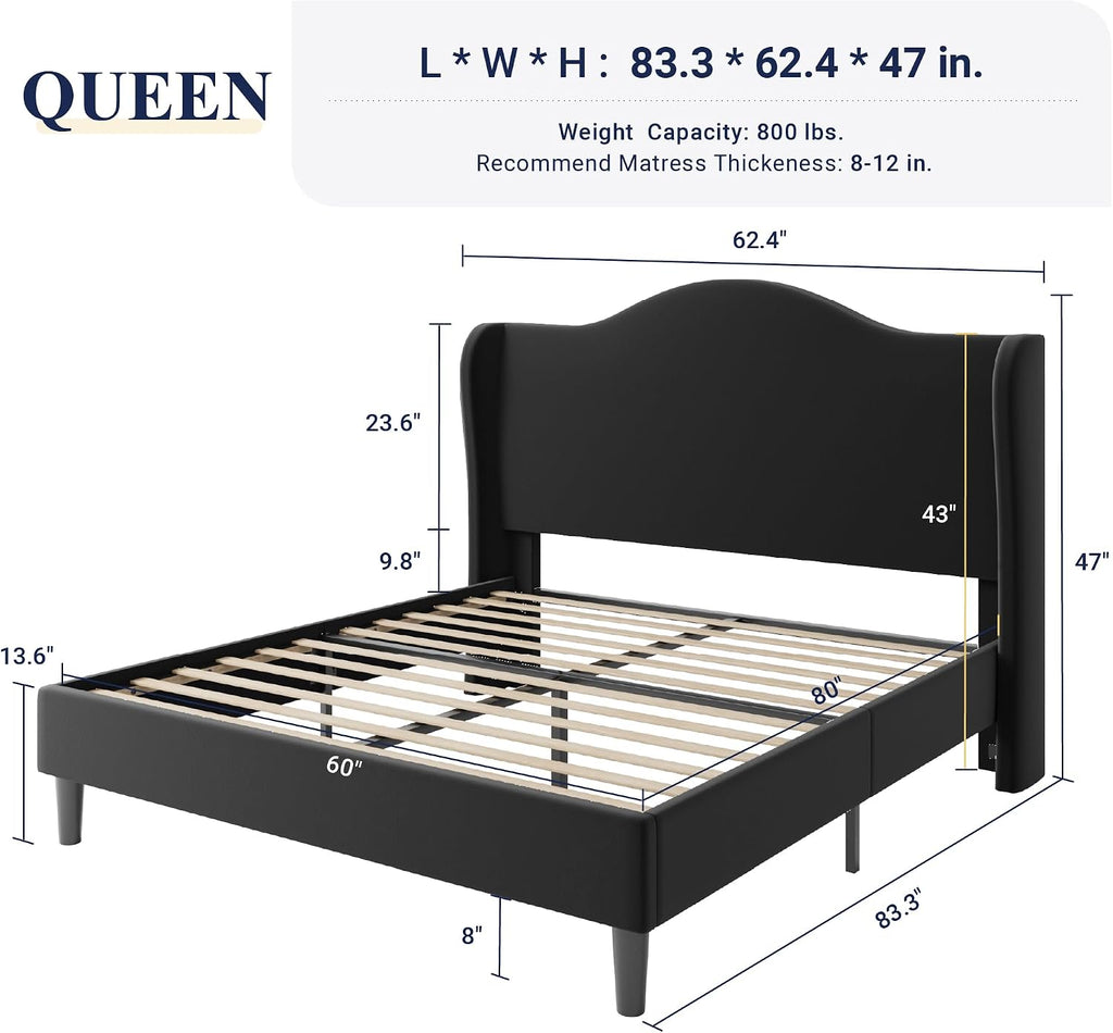 Allewie Queen Size Bed Frame, Plush Velvet Wingback, Modern Style, Black