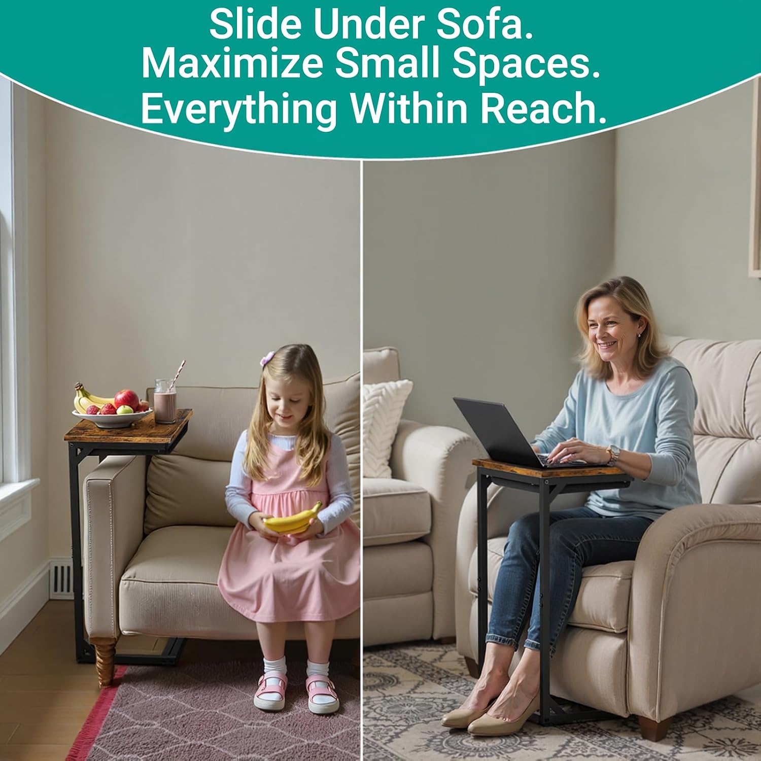 YEASHEIN C Shaped End Table Set of 2 with Cubby, Reinforced Base Small Couch Tables That Slide Under, 27”H C Table for Sofa, TV Tray Table for Eating, Couch Side Table for Small Spaces, Living Room