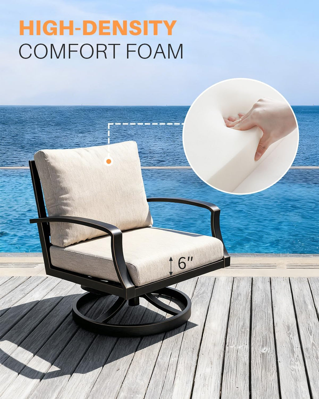 Patio Swivel Armchairs Set of 2, Never-Rust Aluminum Swivel Sofa Chairs with Thick Cushion, Wide Seating Outdoor Sofa Chairs Backyard Club Chairs for Poolside, Porch, Indoor, Dark Bronze