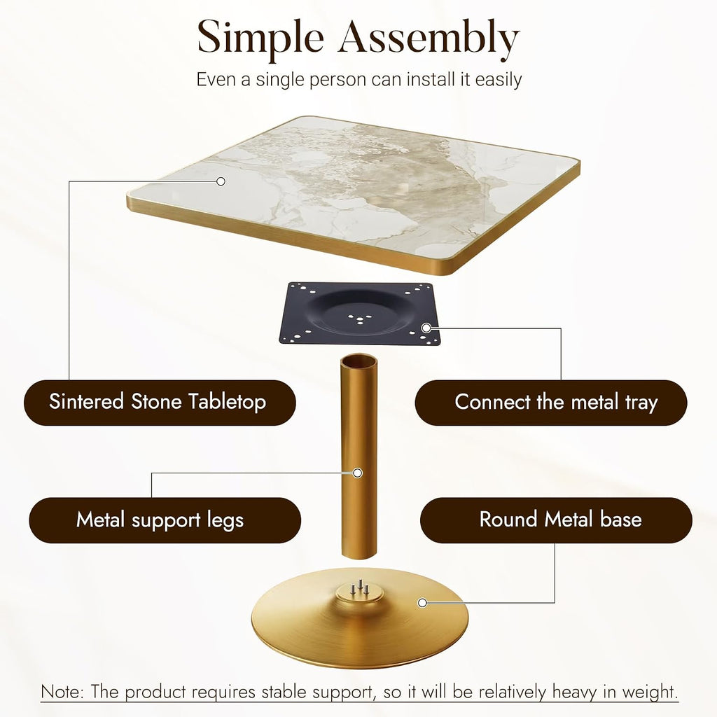 31.5" Square Dining Table, Square Restaurant Table with 1.2" Thick Sintered Stone Tabletop and Golden Metal Pedestal Base, Bistro Table for Diner, Bar, kitchen, Bakery, Apartment (Marble Patterns)