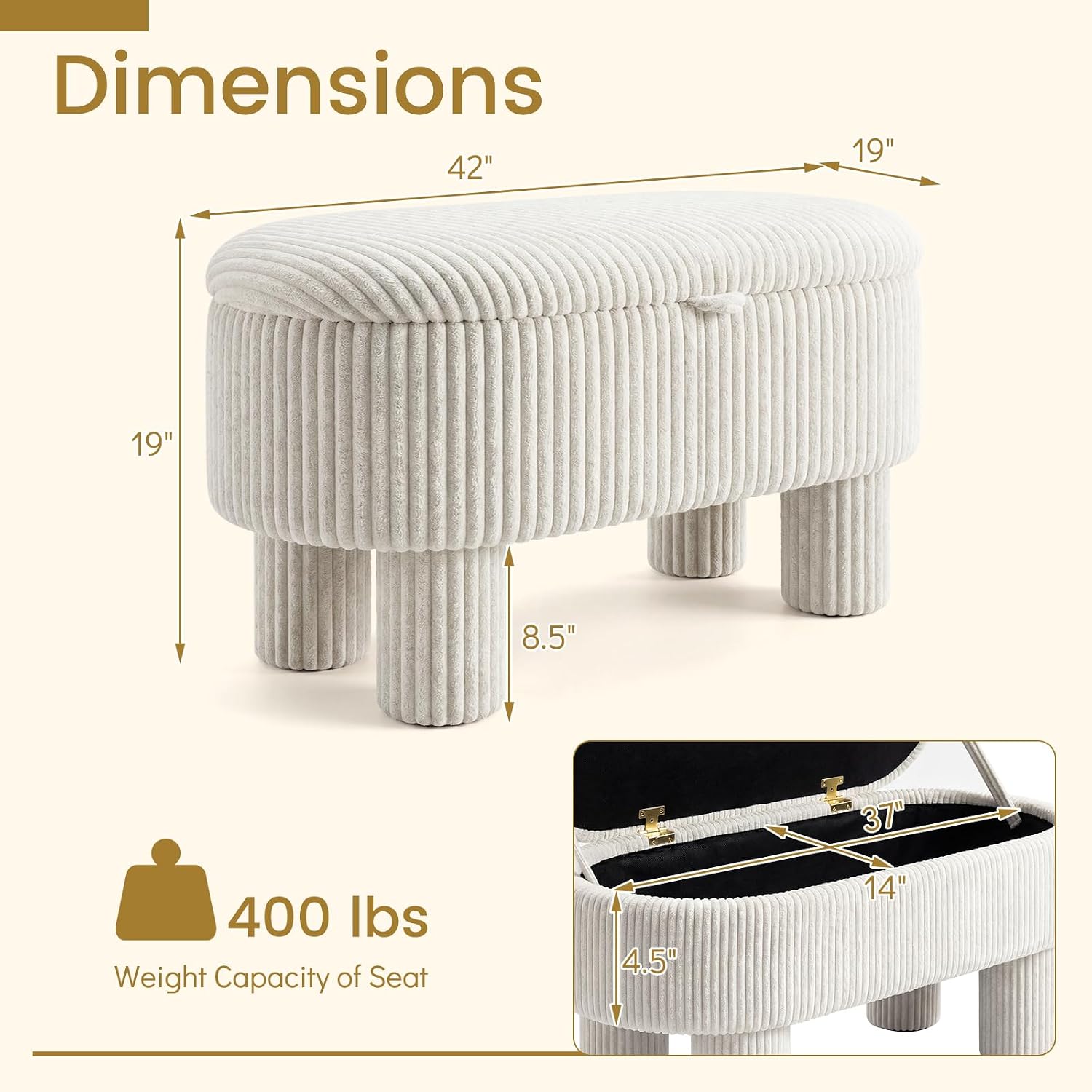 Giantex 42'' Storage Ottoman Bench, Corduroy Fabric Upholstered End of Bed Bench with Hidden Storage Compartment & Legs, Blanket Storage Chest for Living Room, Bedroom, Entryway (Beige)