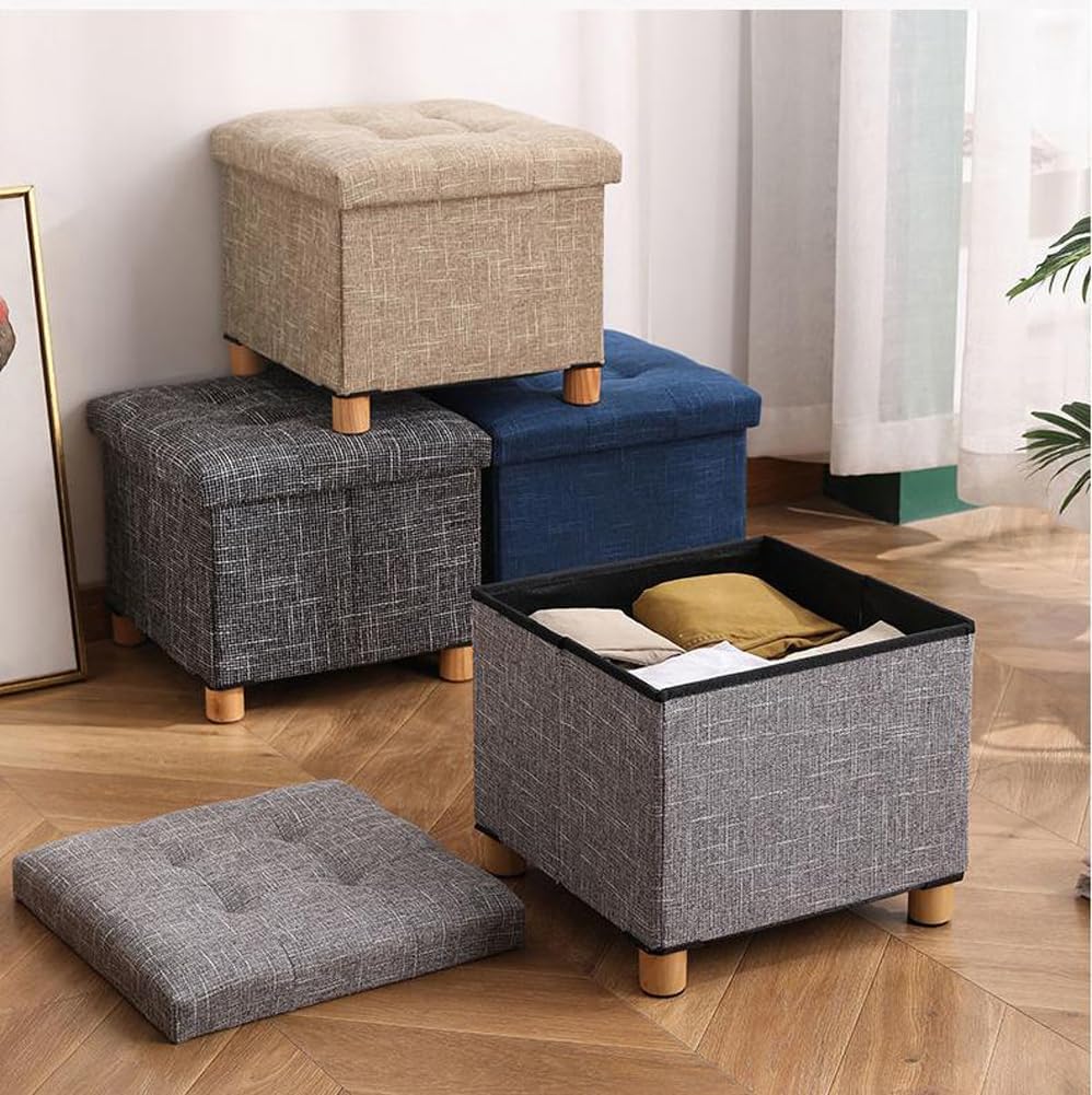 Ottoman with Storage for Living Room Bedroom,12x12inch Square Foot Rest Stool Small Cube Coffee Table with Wood Legs,Folding Storage Chest Footrest Ottoman (Beige)