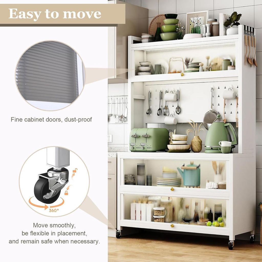Kitchen Pantry Storage Cabinet with Shelf, Multi-Layer Metal Pantry Cabinet on Wheels, Modern Sideboard for Dining Room, Living Room