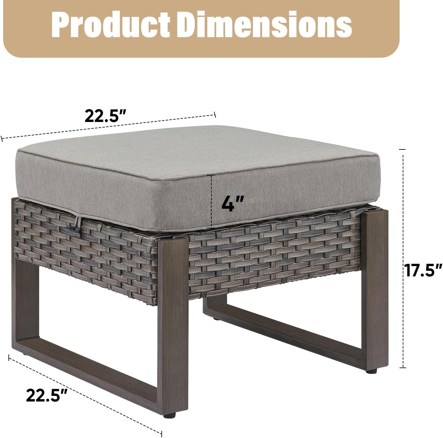 HUMMUH Patio Ottomans Outdoor Foot Rest-All Weather Rattan Outdoor Footstool with Removable Cover Cushions for Deck Porch Garden Balcony Poolside-Grey/Grey