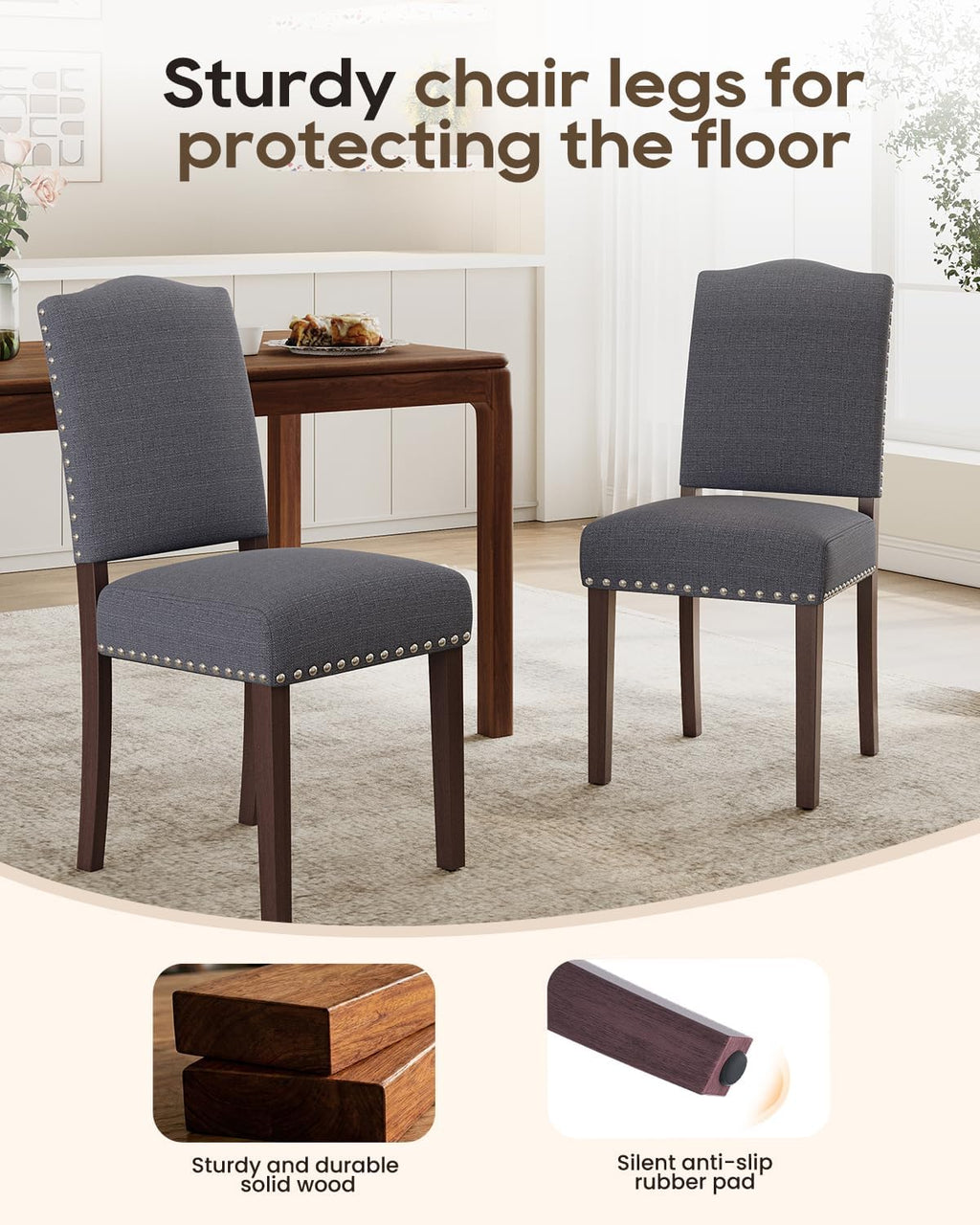Upholstered Dining Chairs Set of 6 with Thickened Seat Cushion, Wooden Mid-Century Modern Fabric Farmhouse Kitchen Chairs for Dining Room Living/Restaurant/Reading Room